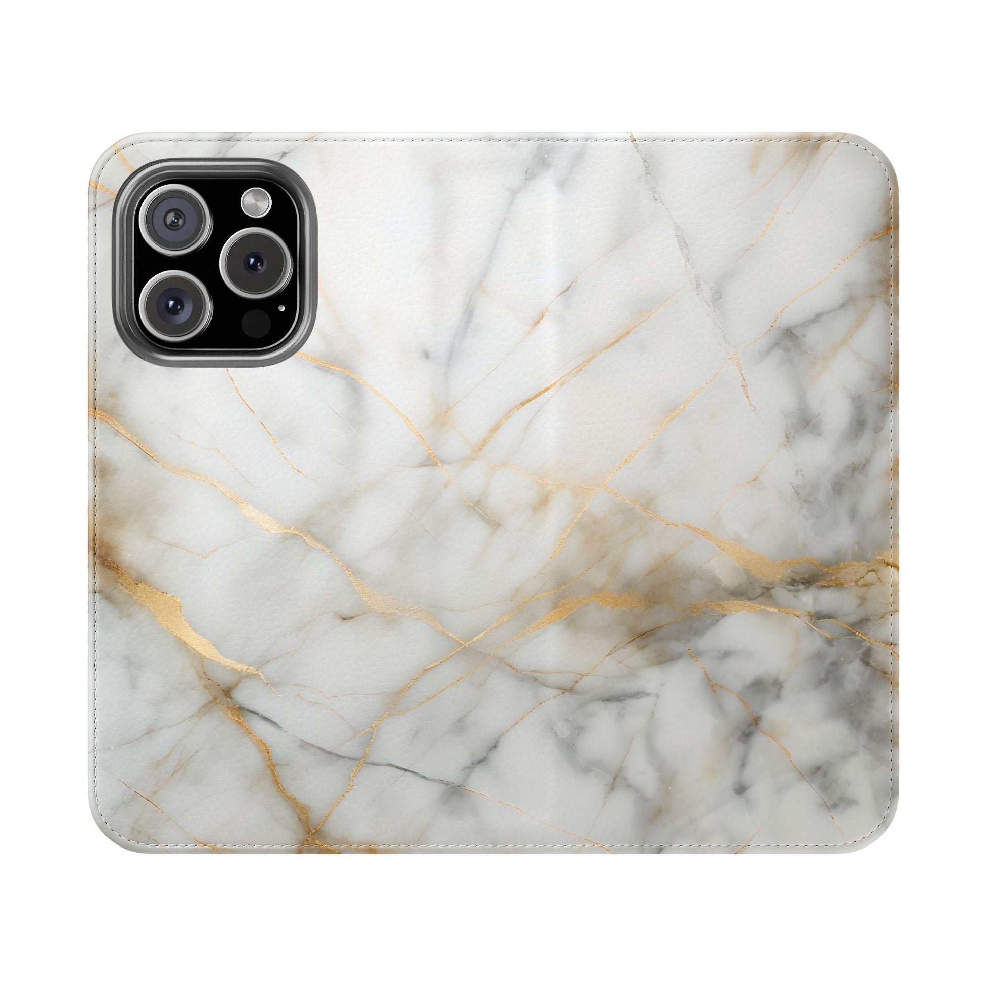 Golden Vein Wallet Phone Case - Gold & White Marble Design - Flip Cover for iPhone 16 Pro