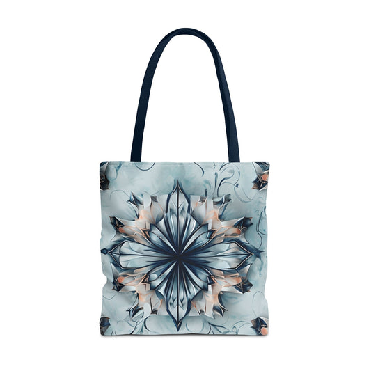 Indigo Mirage Tote Bag (16x16 & 18x18)- Dreamy Blue Kaleidoscope Design in Reusable Poly Canvas, Artistic Eco-Friendly Shopping Bag