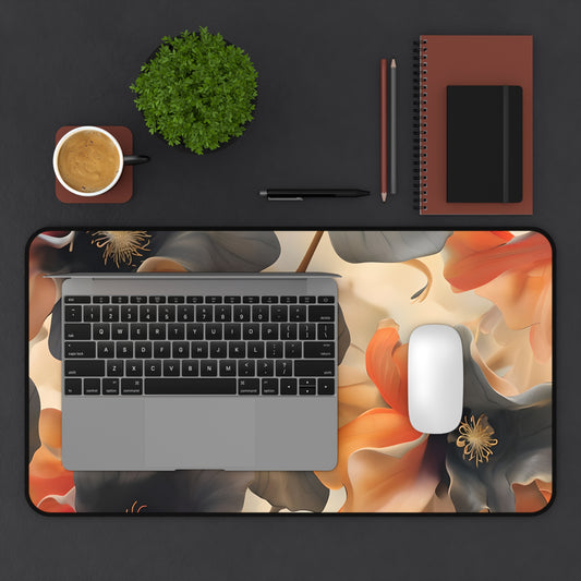Autumn Ember desk mat in workspace with keyboard showing vibrant fall-inspired design