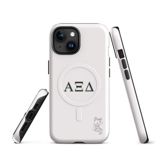 Alpha Xi Delta Betxi Bear iPhone case with Greek letters and MagSafe ring, minimalist white protective phone case with sorority mascot front and side views