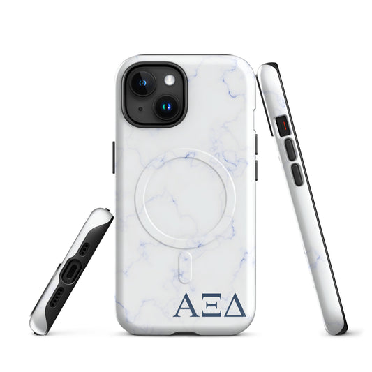 Alpha Xi Delta blue marble iPhone case with Greek letters and MagSafe ring, slim protective phone case with soft blue aesthetic design front and side views