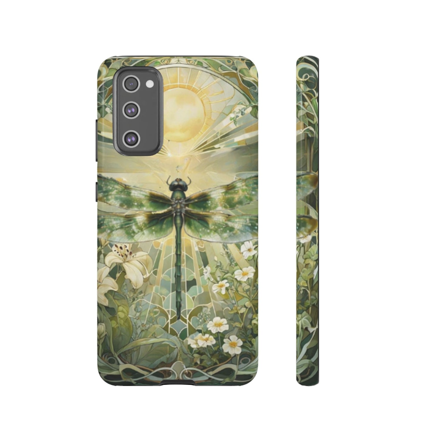 Emerald dragonfly art nouveau Samsung Galaxy S20 FE phone case shown in front and side view with botanical floral design