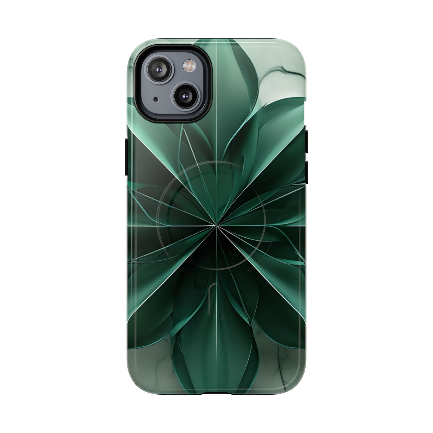 Emerald Bloom emerald, green floral iPhone 14 Plus MagSafe case featuring layered abstract botanical petals in deep green tones.