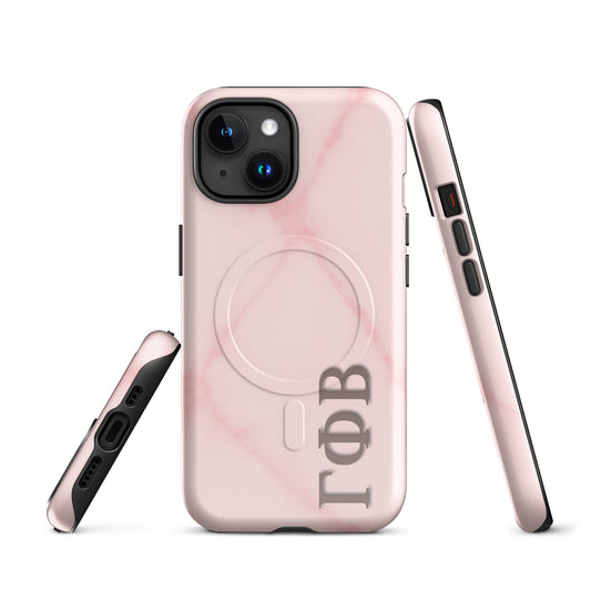 Gamma Phi Beta blush marble iPhone case with Greek letters and MagSafe ring, soft pink protective phone case with minimalist design front and side views.