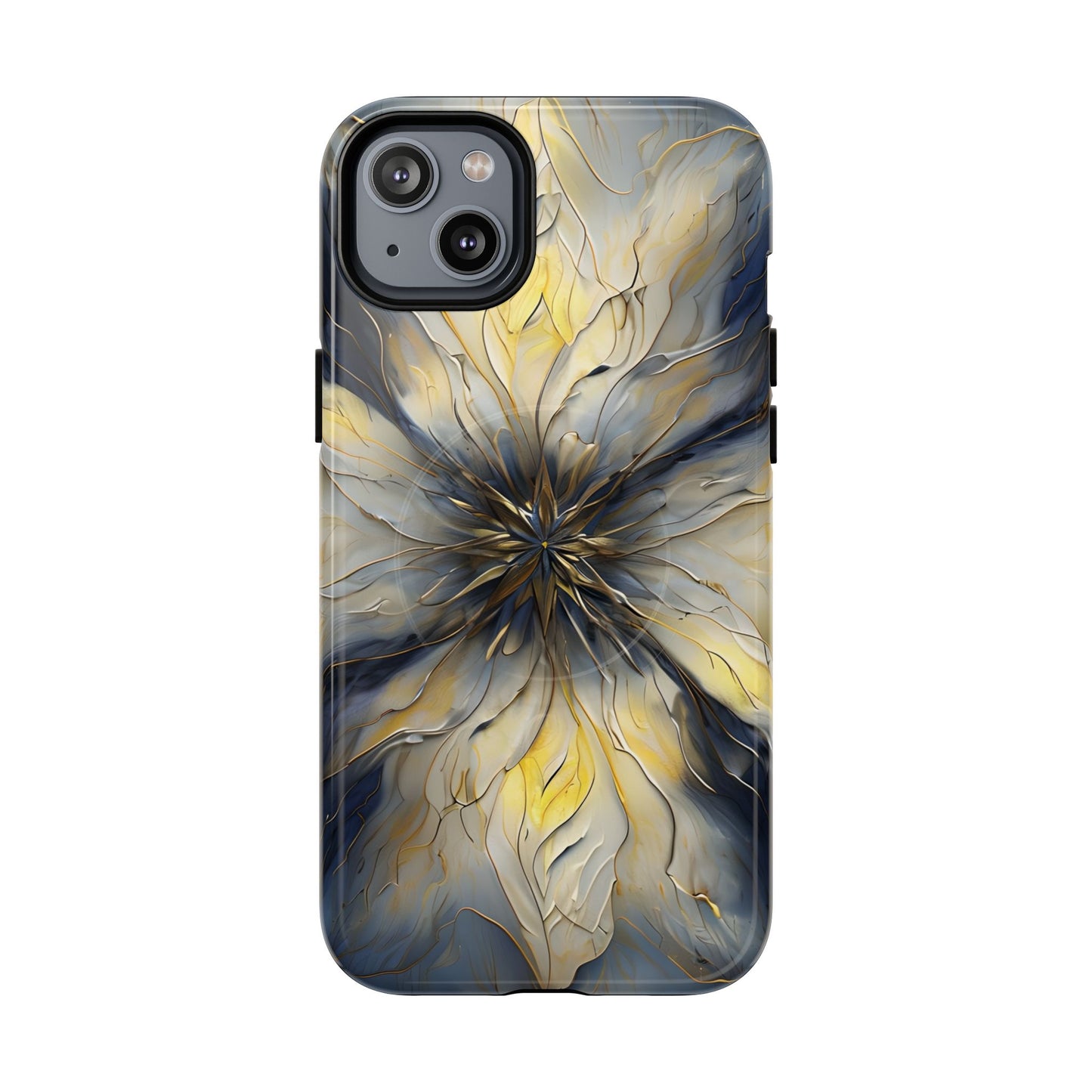 Luminous Petal iPhone 14 Plus MagSafe case featuring an elegant abstract floral design with gold accents and blue marble textures in a symmetrical pattern.