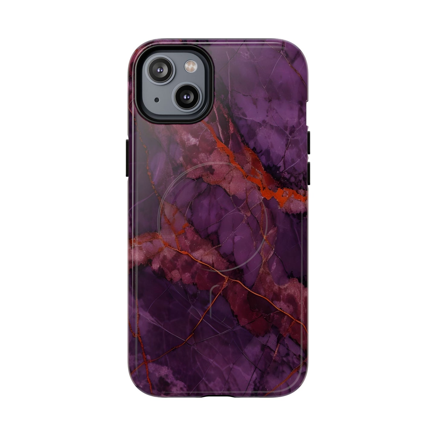 Amethyst Current purple marble iPhone 14 Plus MagSafe case featuring deep violet stone textures with copper vein accents.
