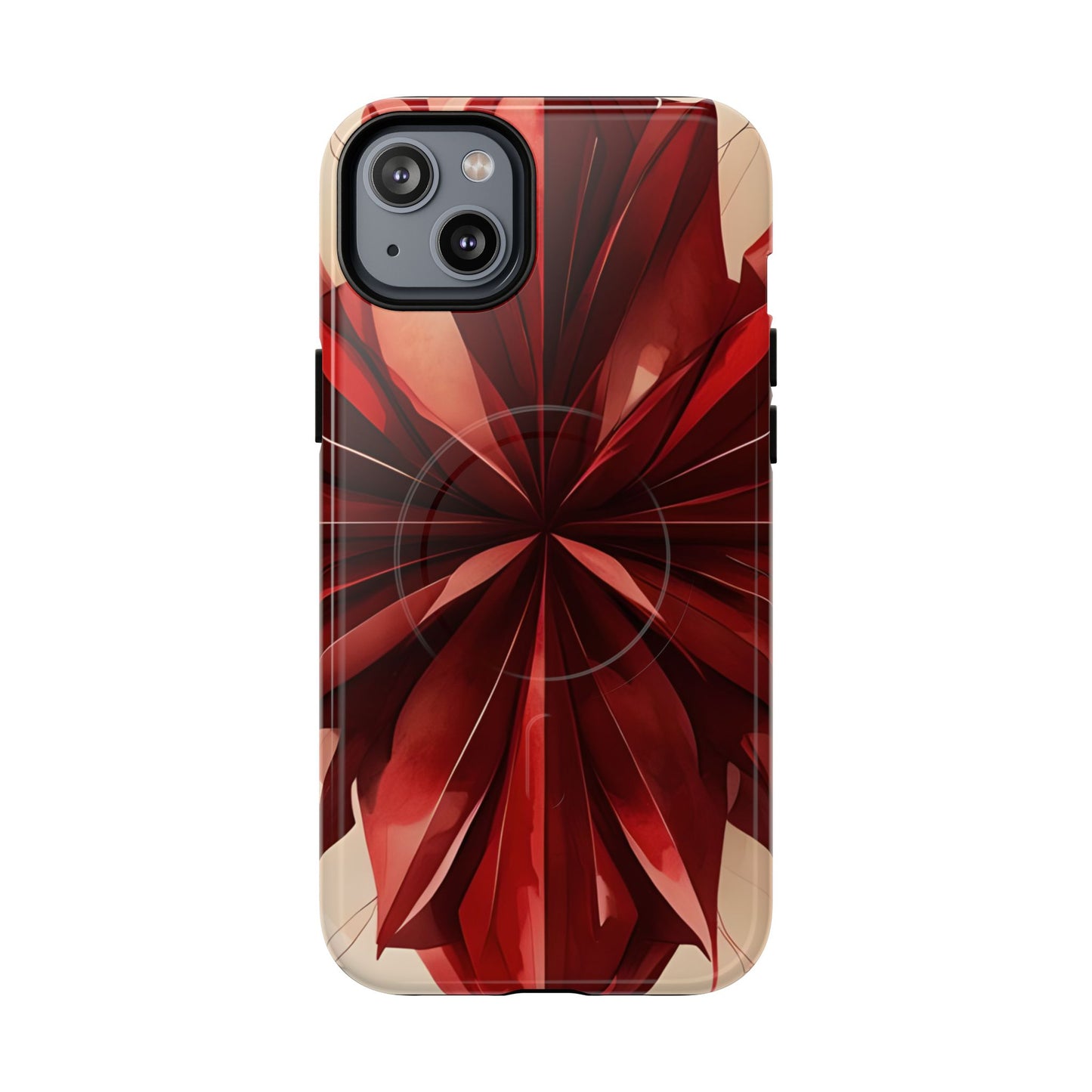 Ruby Compass red abstract floral iPhone 14 Plus MagSafe case featuring layered ruby-red petals in a symmetrical geometric design.