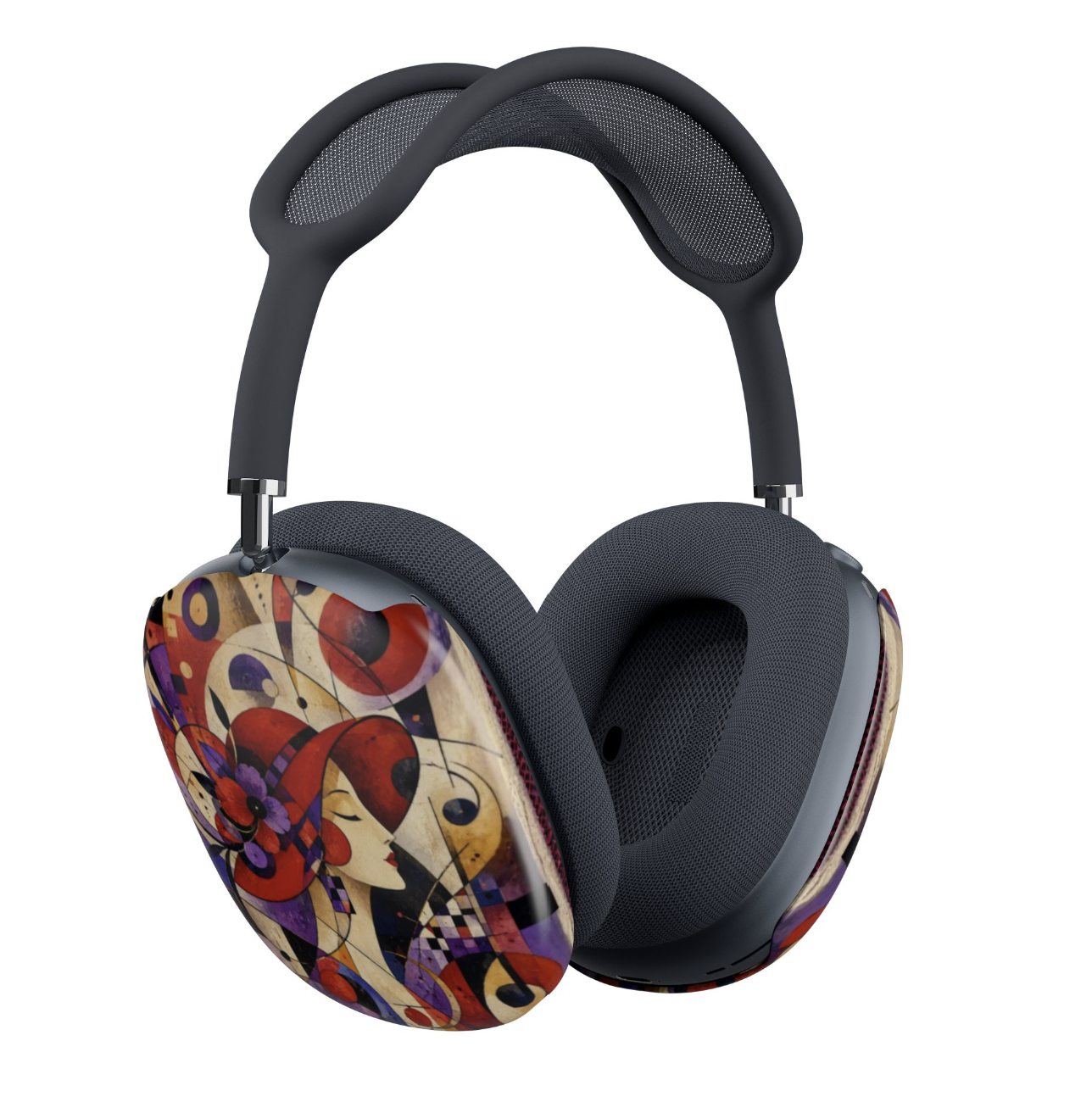 Over-ear headphones with dark blue padded headband and ear cushions, featuring a pair of oval-shaped AirPods Max Covers for Red Hat Society members featuring a colorful Art Deco style design with stylized faces, red hats, and geometric shapes on a cream background.