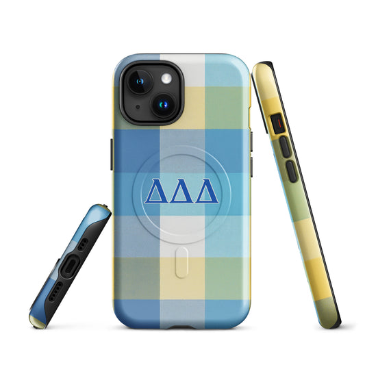 Multiple angles of Tri Delta Plaid Delta Delta Delta sorority iPhone case showing slim MagSafe build