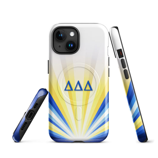 Delta Delta Delta Radiant Sunburst MagSafe case for iPhone in white and yellow with blue DDD Greek letters and sunburst design showing front and side views