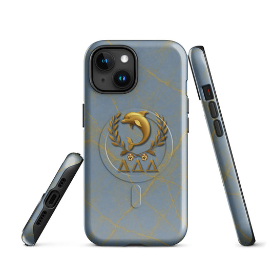 Multiple angles of Tri Delta Dolphin and Pansies Delta Delta Delta sorority iPhone case showing slim MagSafe build