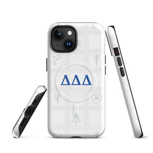 Multiple angles of Tri Delt Subtle Symbol sorority iPhone case showing slim MagSafe build and Delta Delta Delta detailing