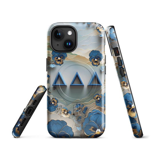 Multiple angles of Tri Delta Origami Pansy Delta Delta Delta sorority iPhone case showing slim MagSafe build and floral artistry