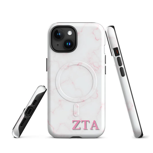 Zeta Tau Alpha marble iPhone case with soft pink veining and pink ZTA Greek letters MagSafe compatible front and side views on white background