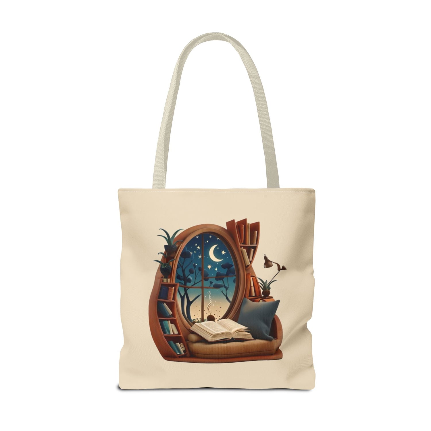 Starlit Sanctuary canvas tote bag - cozy reading nook under starry night illustration