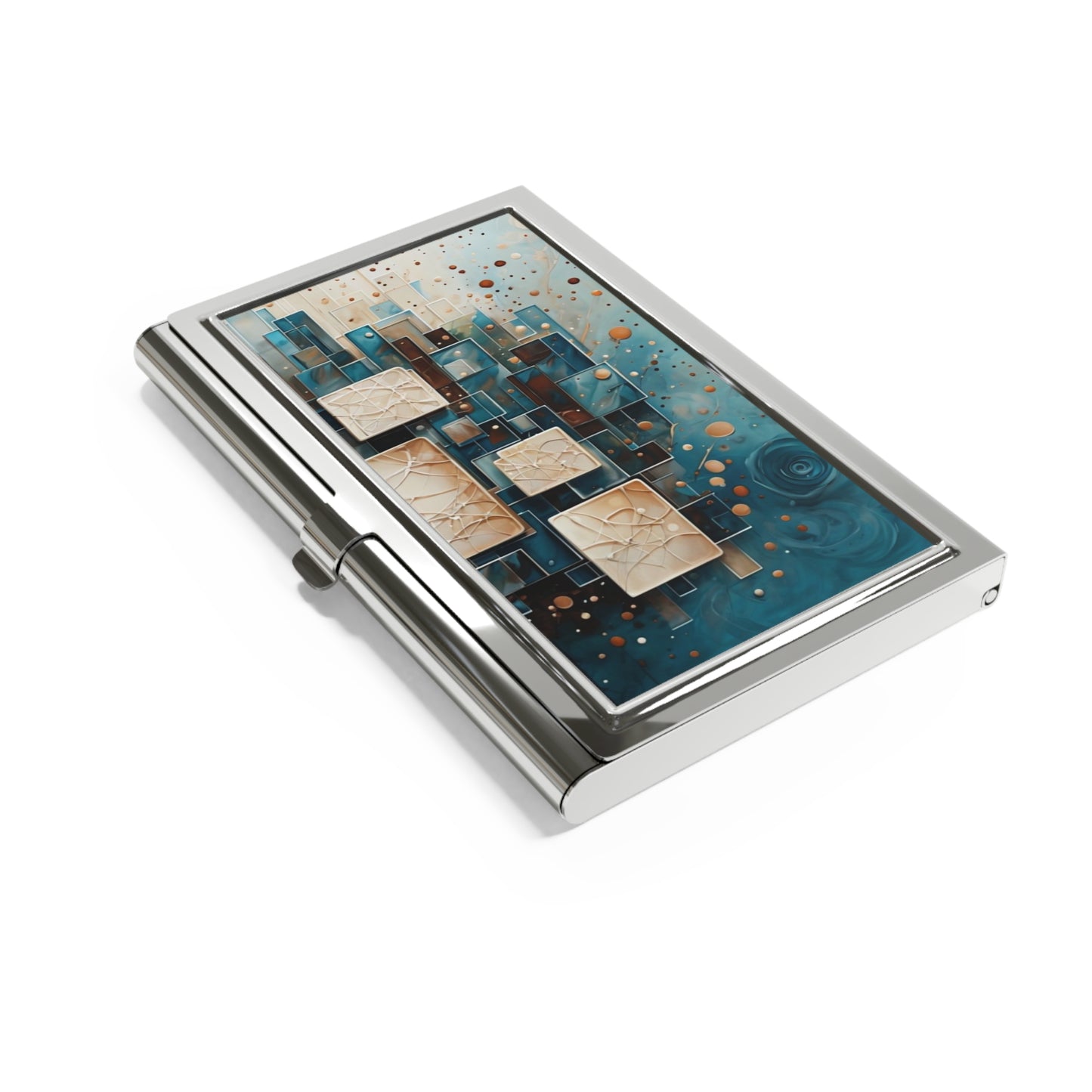 Architectural Drift Business Card Holder - Teal & Parchment Geometric Design - Slim Modern Card Case