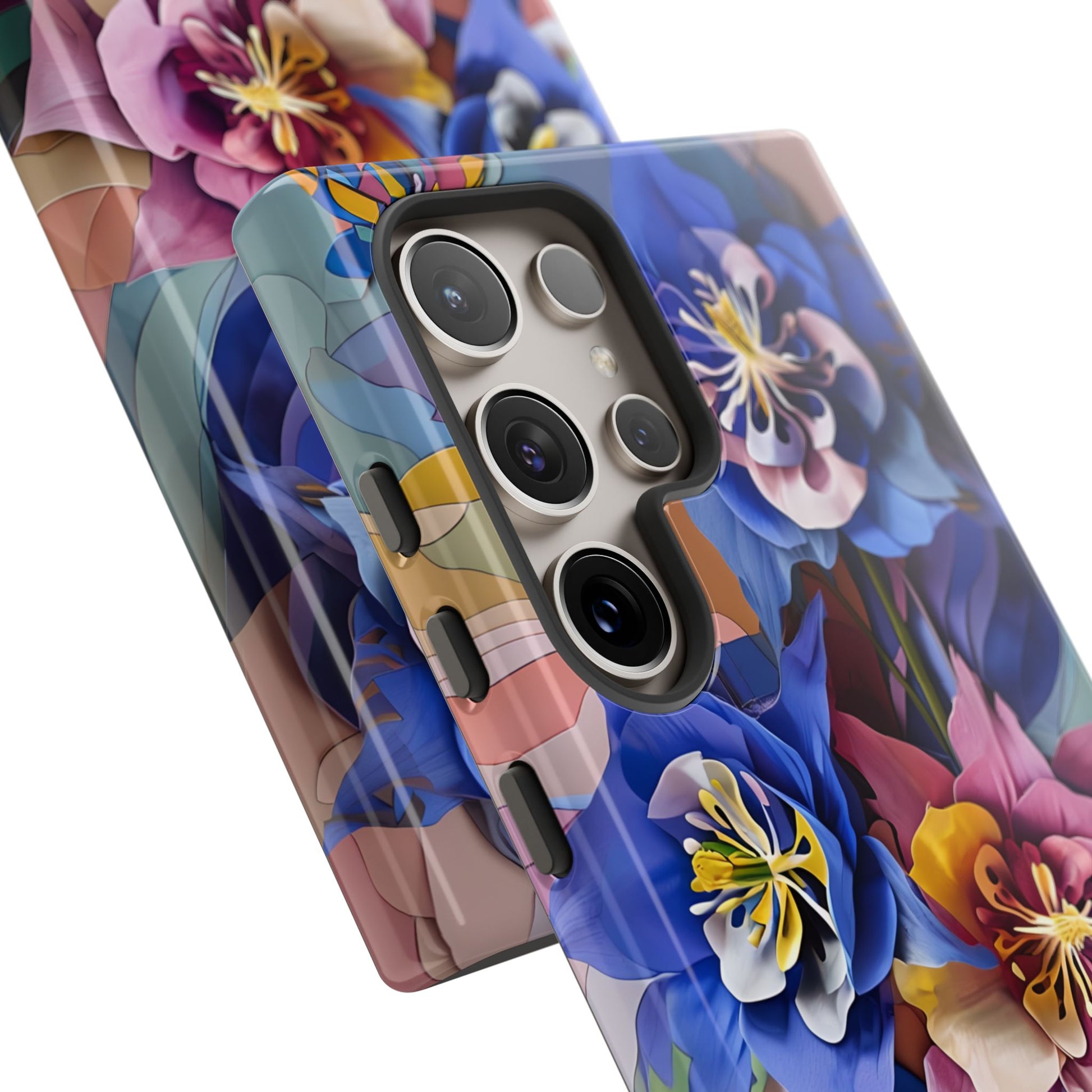 Blue Columbine Carnivale - Artistic Floral & Butterfly Samsung S24 Ultra Tough Phone Case - Vibrant Botanical Design