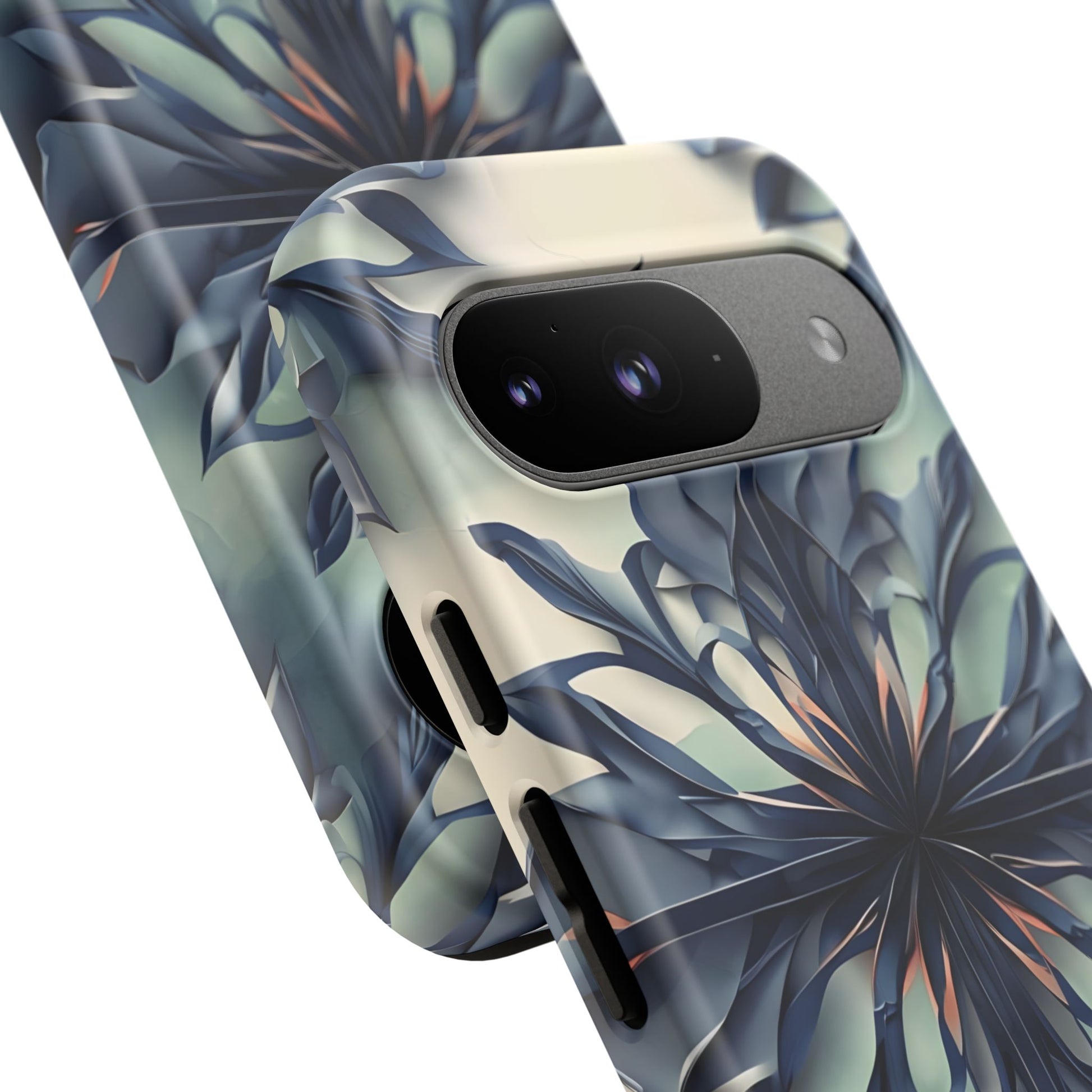 Frosted Indigo Bloom - Artistic Kaleidoscope Collection Artistic Floral - Google Pixel 9 Tough Phone Case - Blue Symmetrical Design