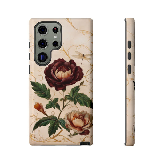 Vintage Burgundy Rose botanical floral and dragonfly wraparound Samsung Galaxy phone case front and side view