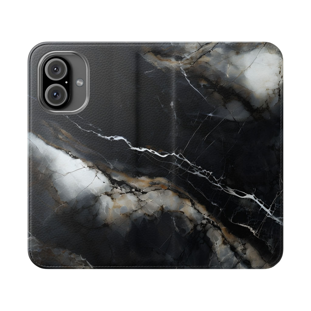 Obsidian Vein Wallet Phone Case - Black & White Marble - Flip Cover for iPhone 16