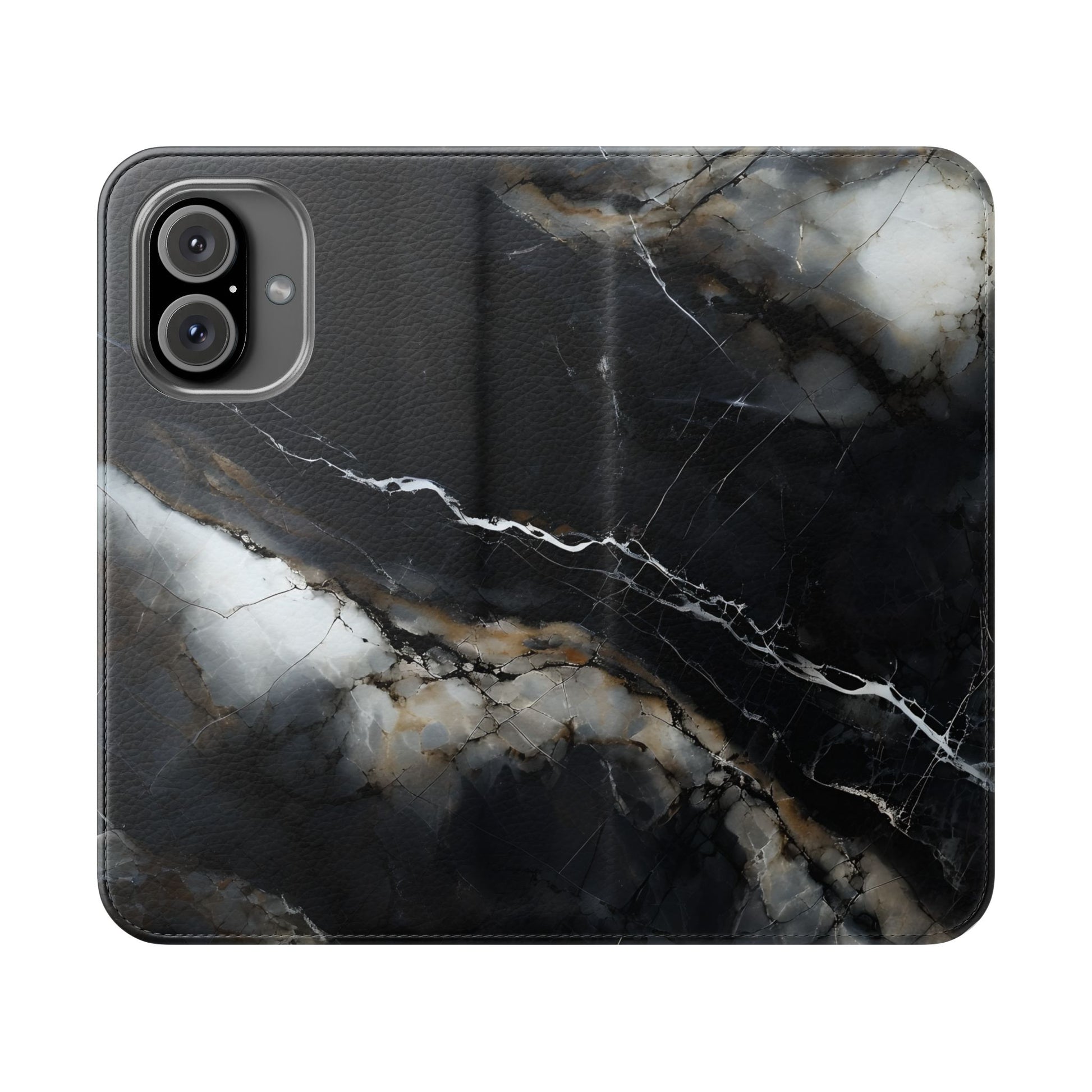 Obsidian Vein Wallet Phone Case - Black & White Marble - Flip Cover for iPhone 16