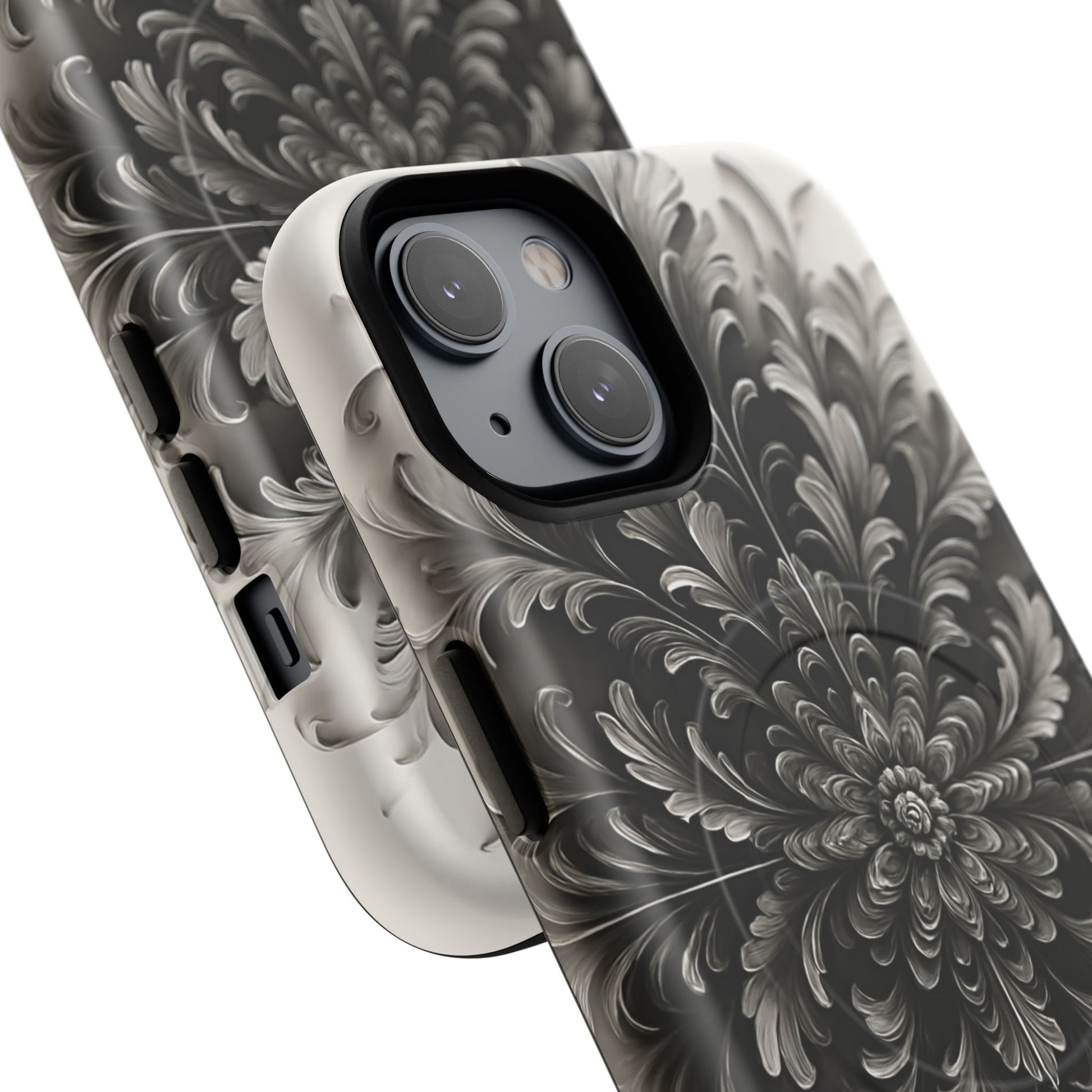 Obsidian Bloom - Elegant Black & White iPhone 14 MagSafe Phone Case - Intricate Mandala Flower Design