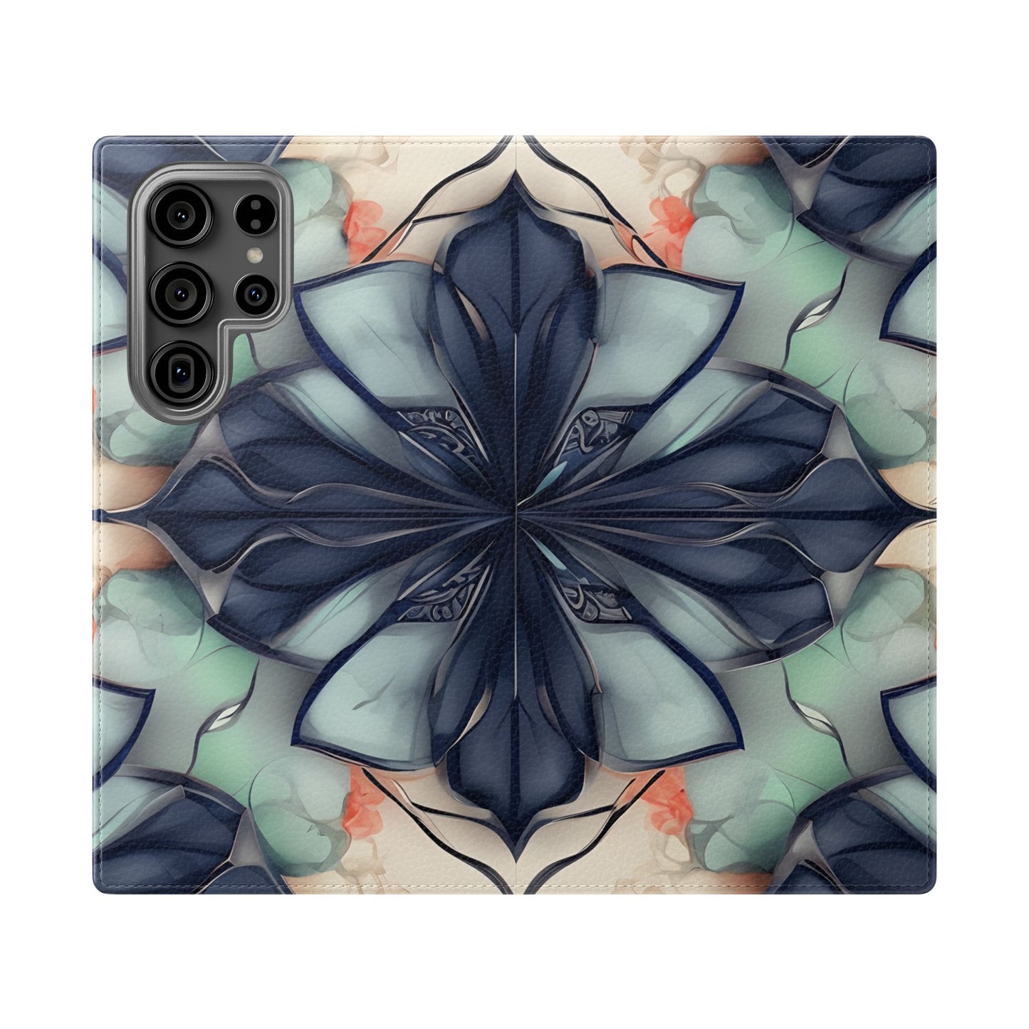 Midnight Mosaic Samsung Galaxy wallet flip phone case with indigo floral mosaic pattern in mint, peach, and navy tones