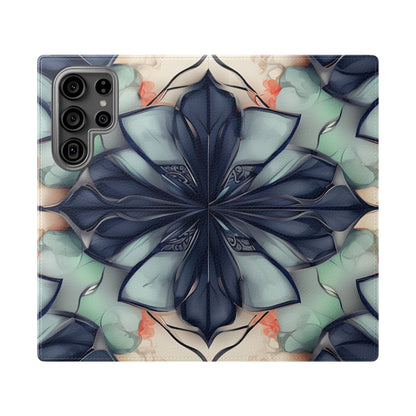Midnight Mosaic Samsung Galaxy wallet flip phone case with indigo floral mosaic pattern in mint, peach, and navy tones