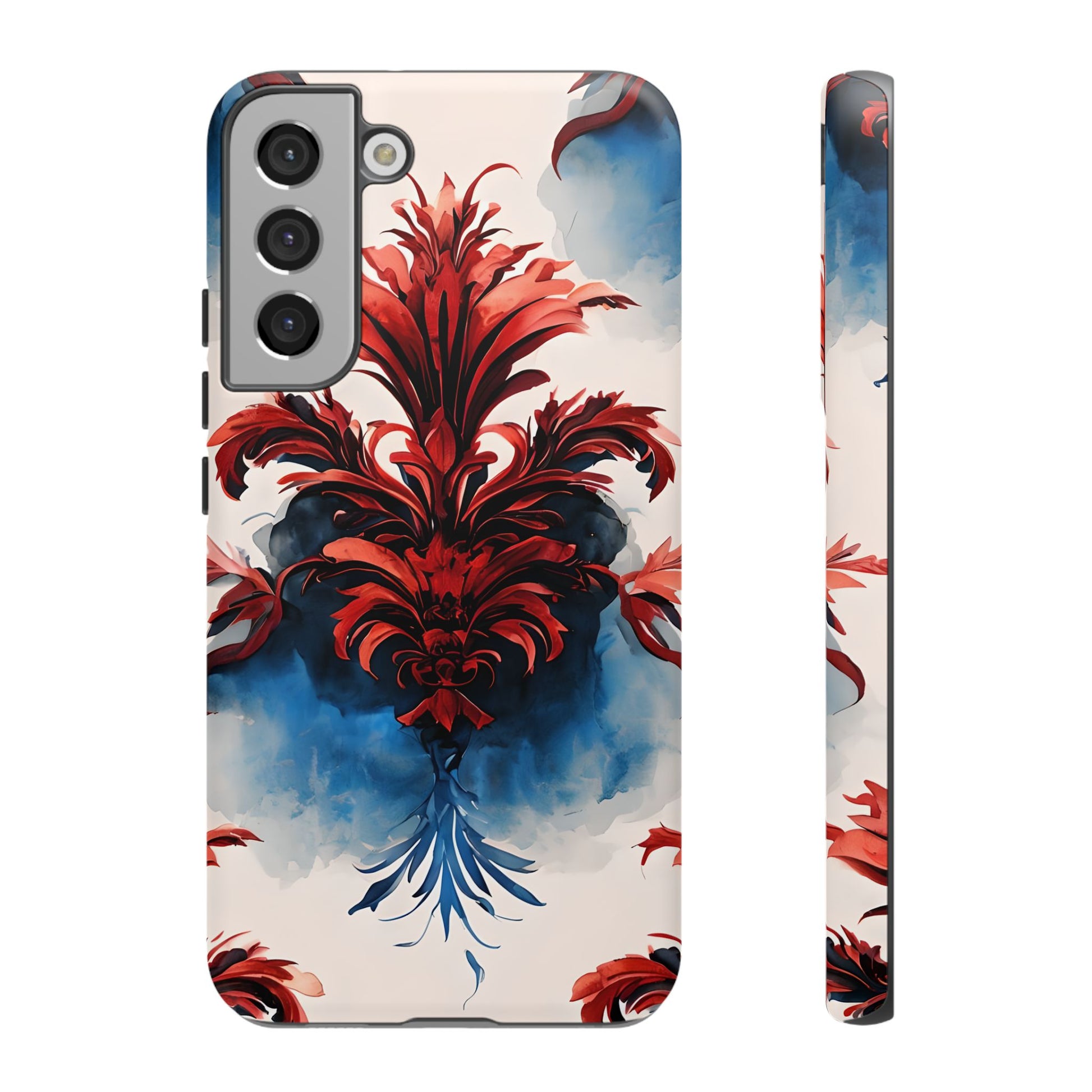 Crimson Plume - Bold Artistic Feather Samsung Galaxy S22 Plus Tough Phone Case - Dramatic Red & Blue Design