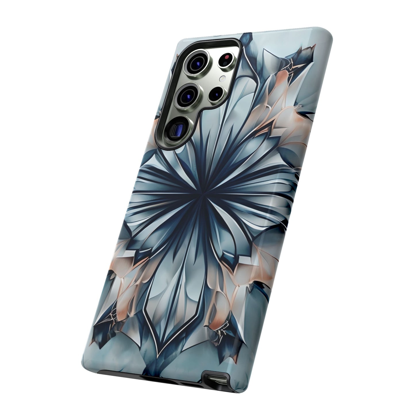 Indigo Mirage indigo geometric floral artwork Samsung Galaxy phone case angled view