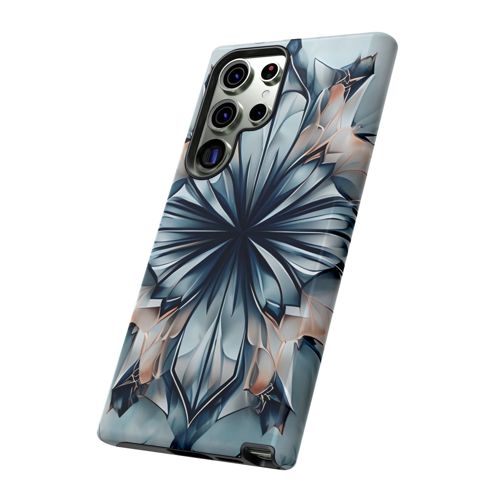 Indigo Mirage indigo geometric floral artwork Samsung Galaxy phone case angled view