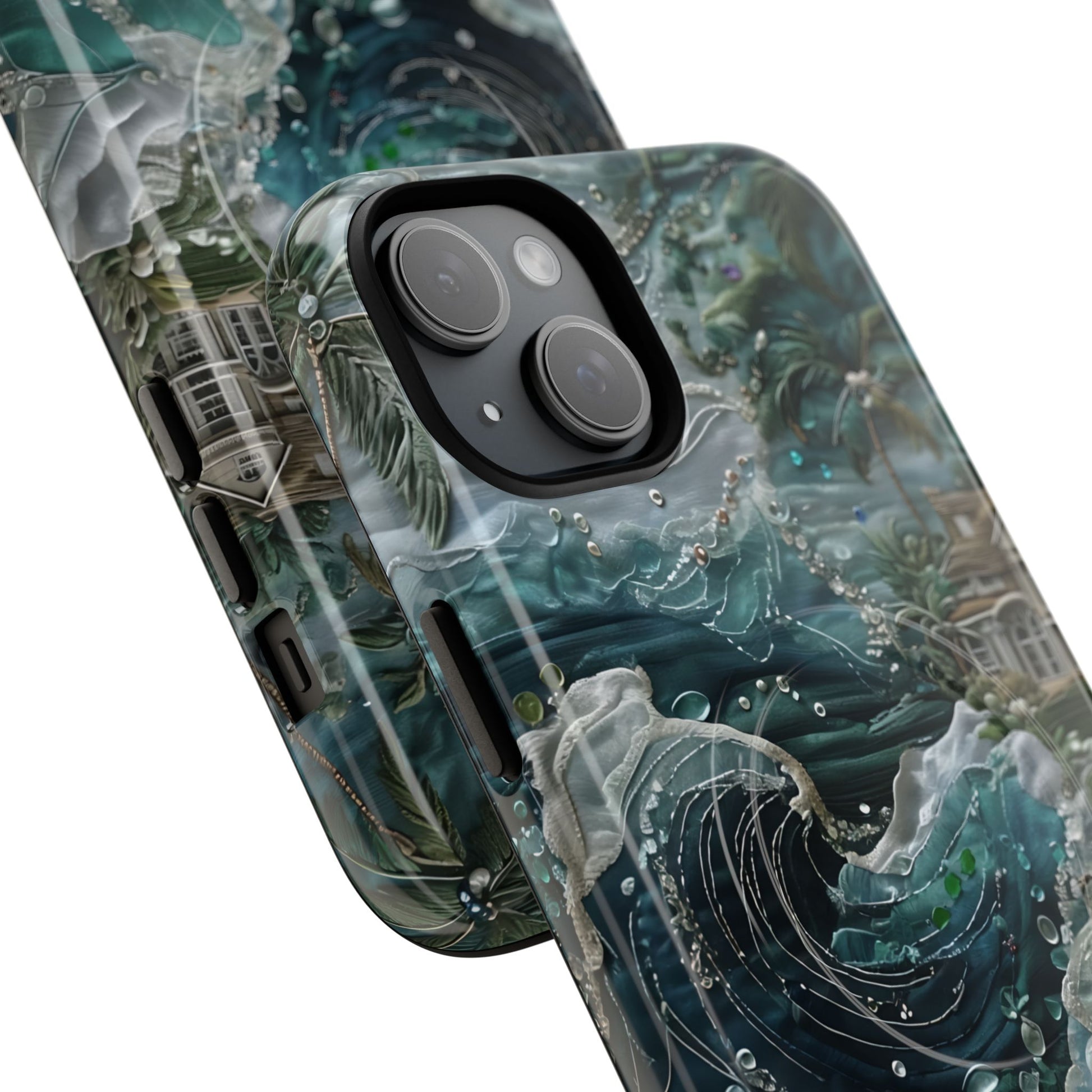 Tropical Midnight Wave - Artistic Ocean iPhone 15 Plus MagSafe Phone Case - Dramatic Blue Wave Design