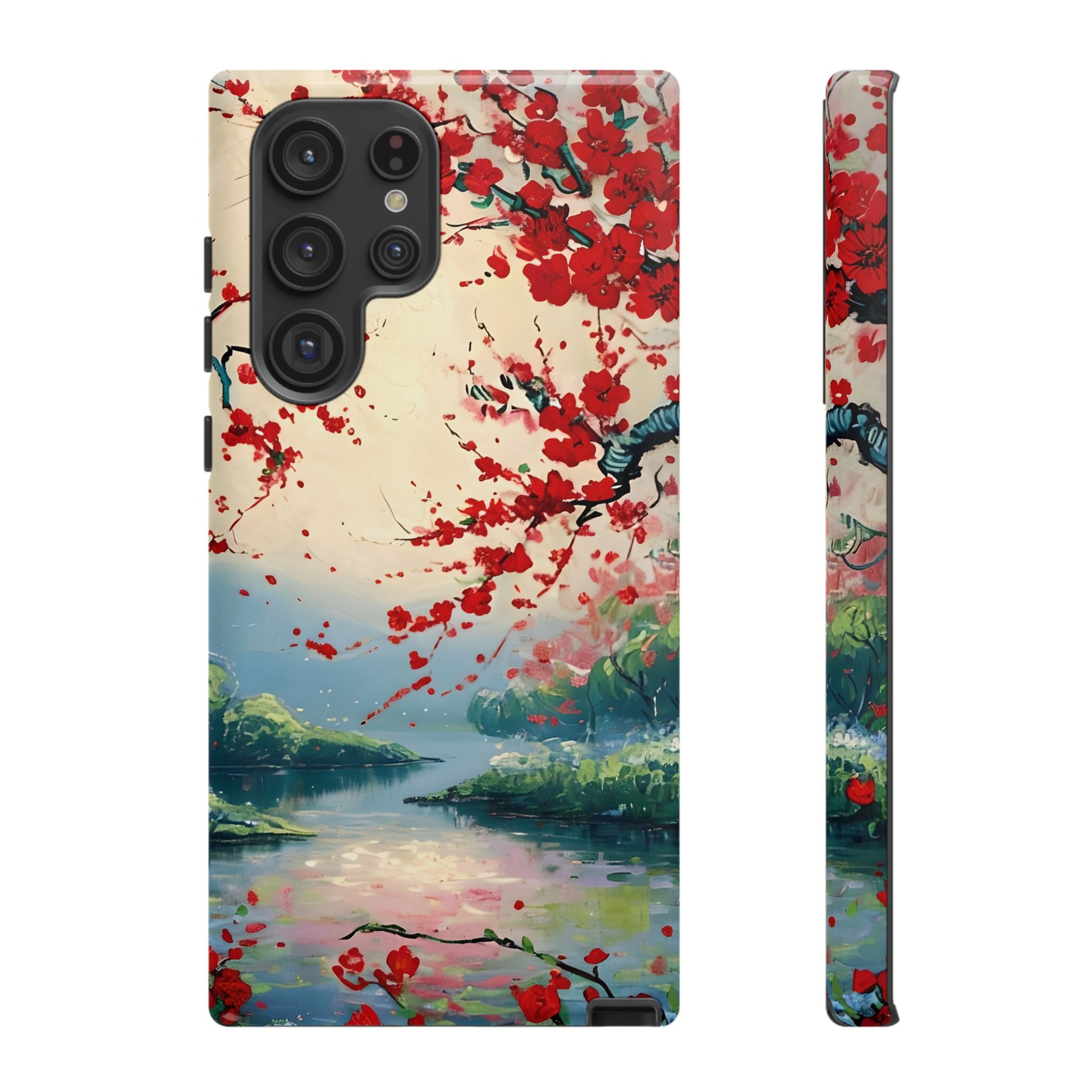 Crimson Blossom Lake - Artistic Floral Landscape Samsung Galaxy S22 Ultra Tough Phone Case - Red Cherry Blossoms & Serene Lake Design