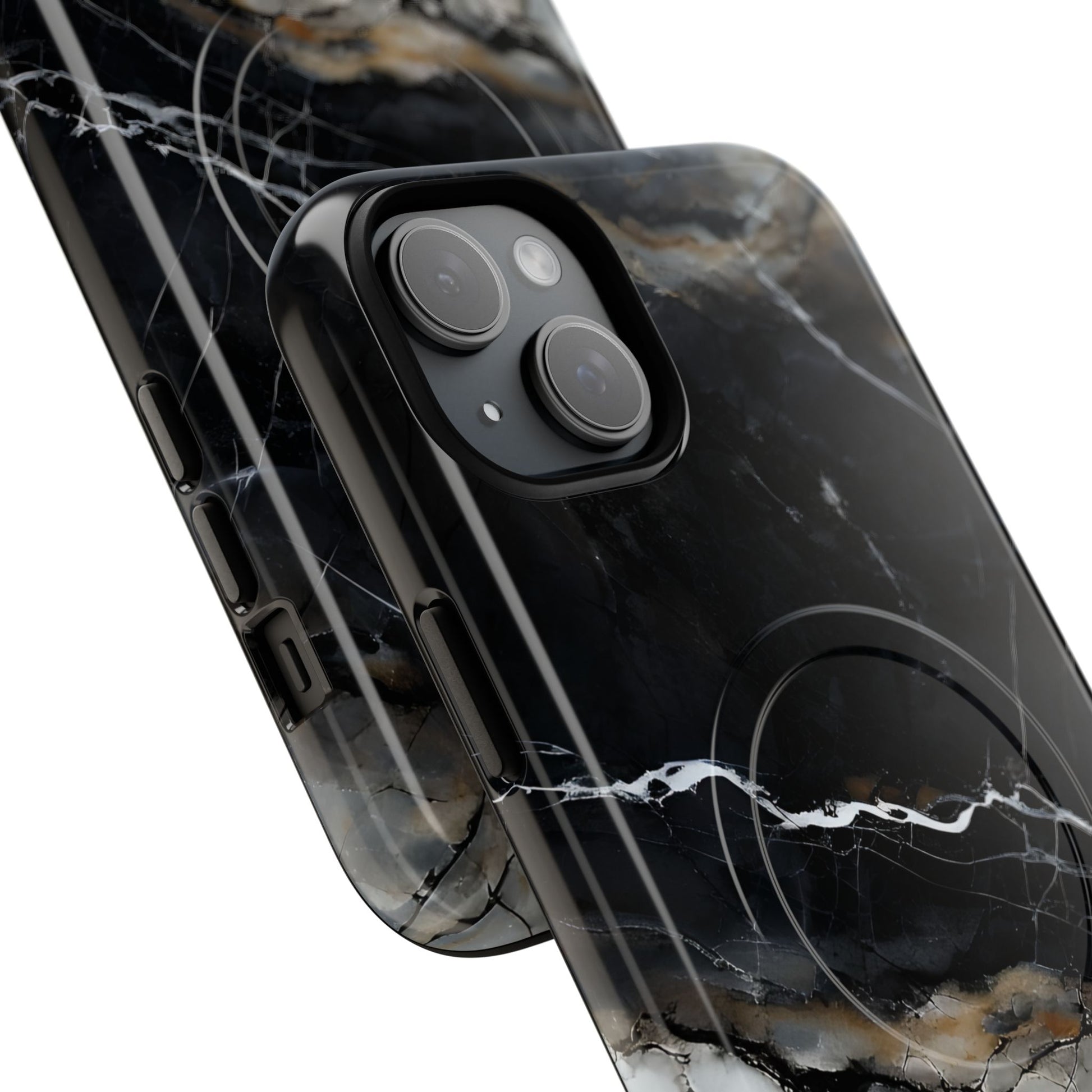 Obsidian Vein iPhone 15 Plus MagSafe Phone Case -Black Neutral Marble Design