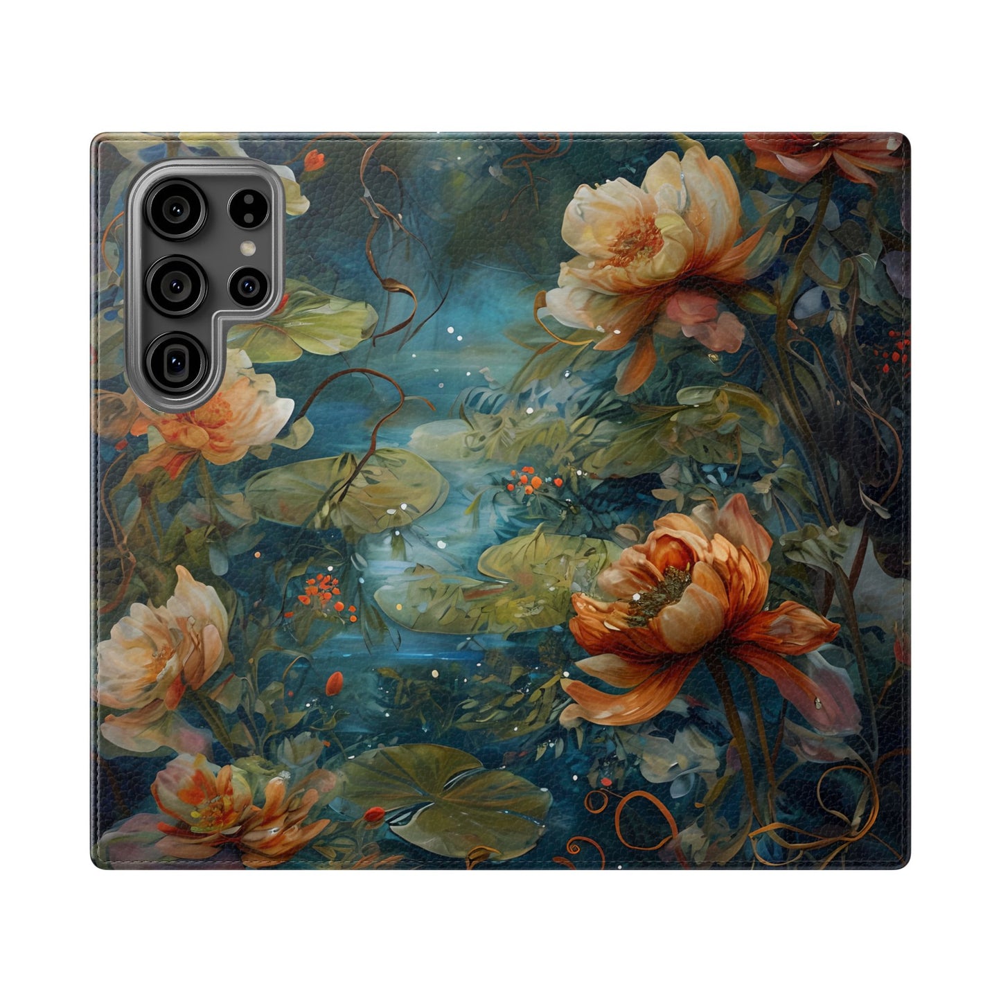 Waterlily Nocturne Samsung Galaxy wallet flip phone case with painterly waterlily flowers on deep teal and blue pond background