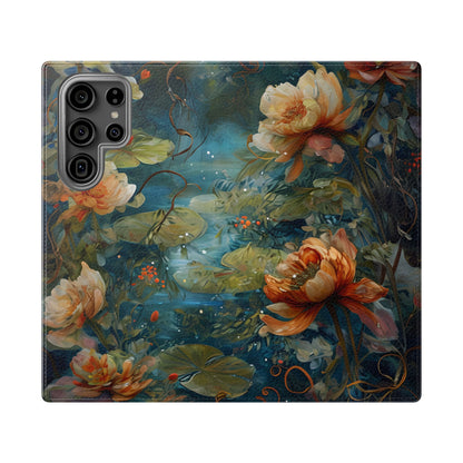 Waterlily Nocturne Samsung Galaxy wallet flip phone case with painterly waterlily flowers on deep teal and blue pond background