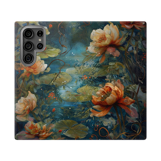 Waterlily Nocturne Samsung Galaxy wallet flip phone case with painterly waterlily flowers on deep teal and blue pond background