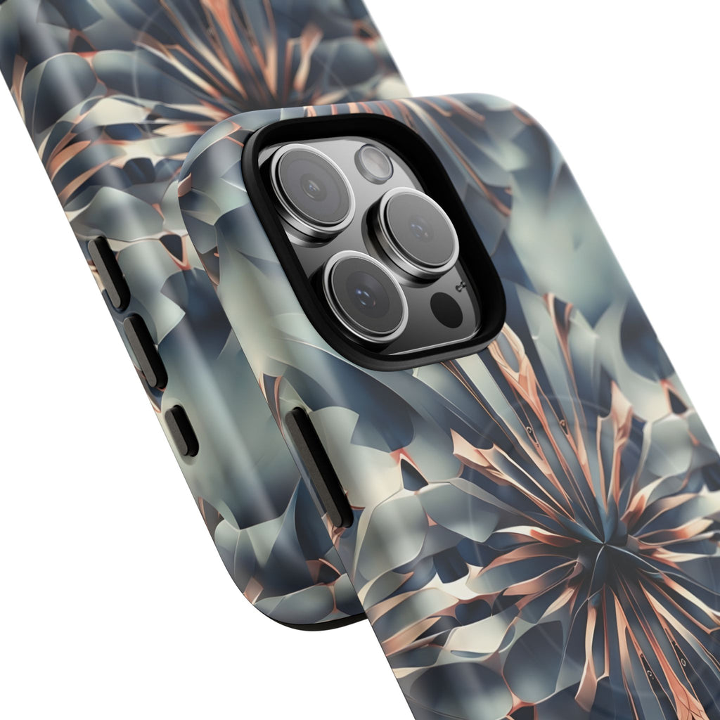 Obsidian Kaleidoscope Artistic Floral Burst - iPhone 16 Pro Max MagSafe Phone Case -Blue, Peach and Silver Symmetrical Design