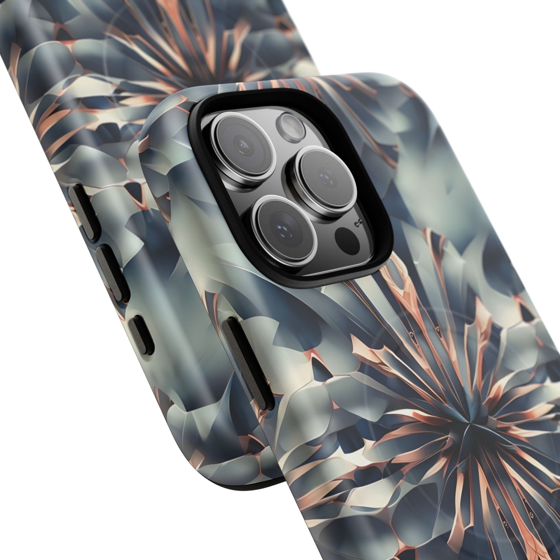 Obsidian Kaleidoscope Artistic Floral Burst - iPhone 16 Pro Max MagSafe Phone Case -Blue, Peach and Silver Symmetrical Design