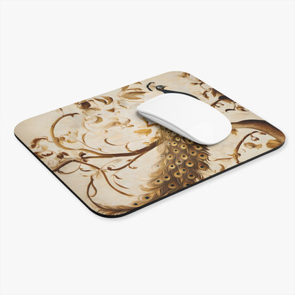 Golden Plumage mouse pad in workspace with mouse showing graceful feather artwork