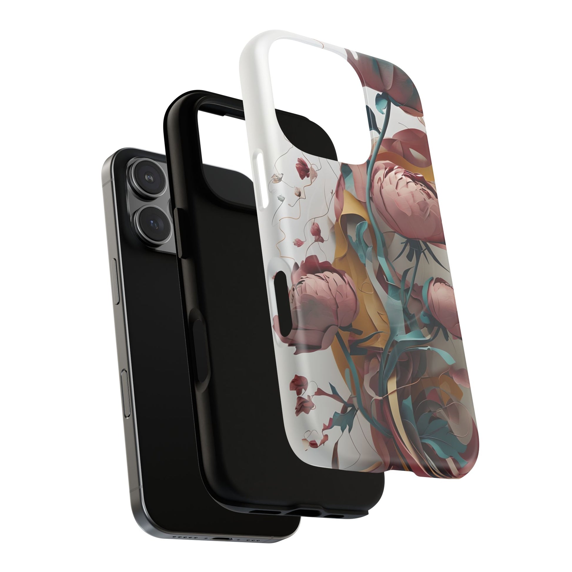Blushing Peony Veil - Elegant Painterly Floral iPhone 16 Pro MagSafe Phone Case - Soft Blush & Teal Peony Design