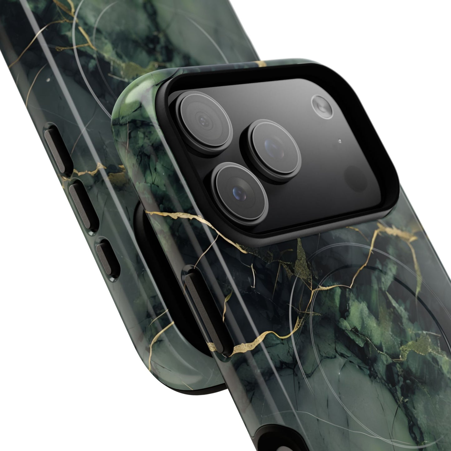 Angled view of Verdant Vein iPhone MagSafe protective phone case with large camera cutout