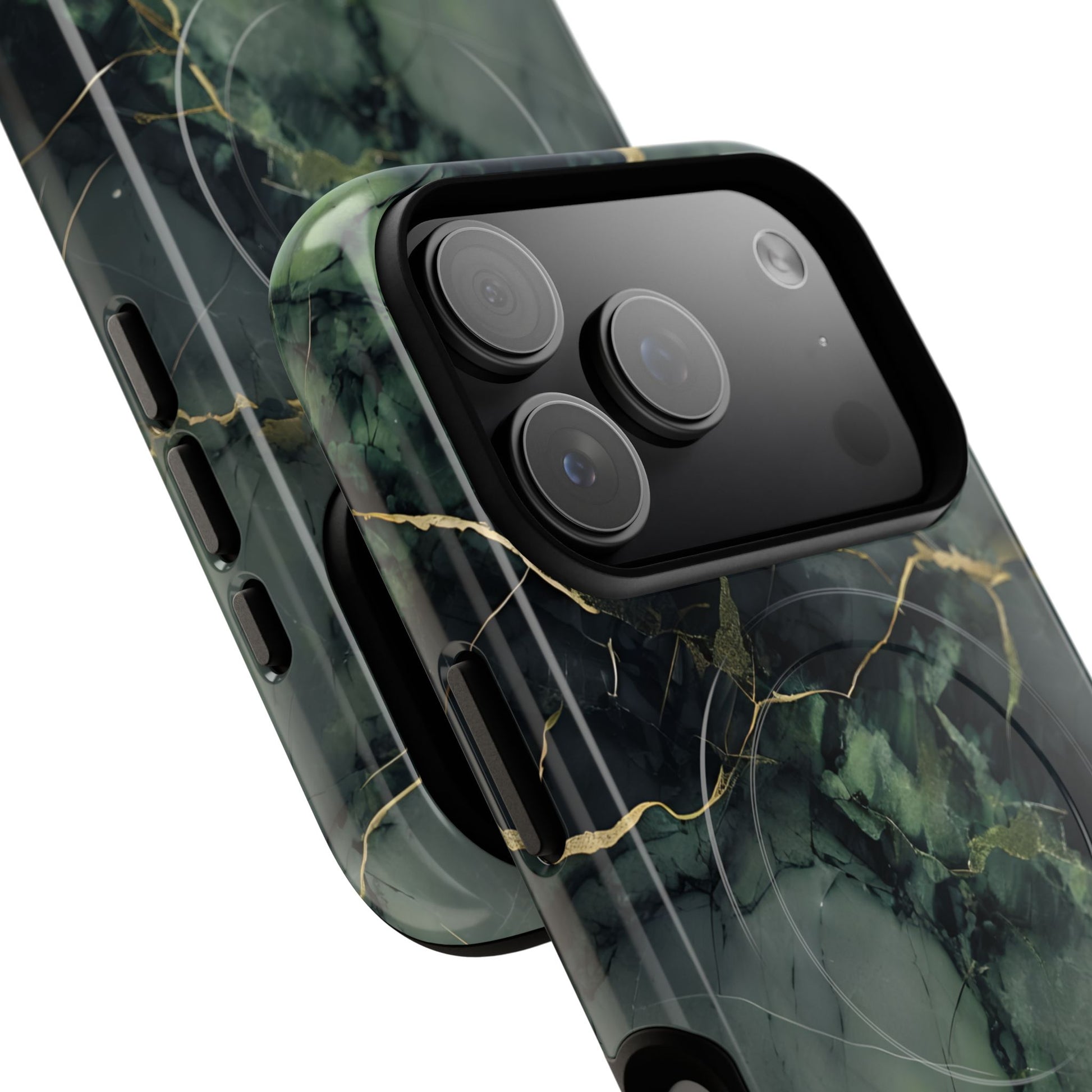 Angled view of Verdant Vein iPhone MagSafe protective phone case with large camera cutout