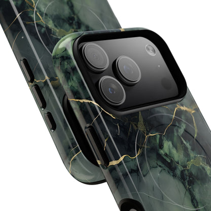 Angled view of Verdant Vein iPhone MagSafe protective phone case with large camera cutout