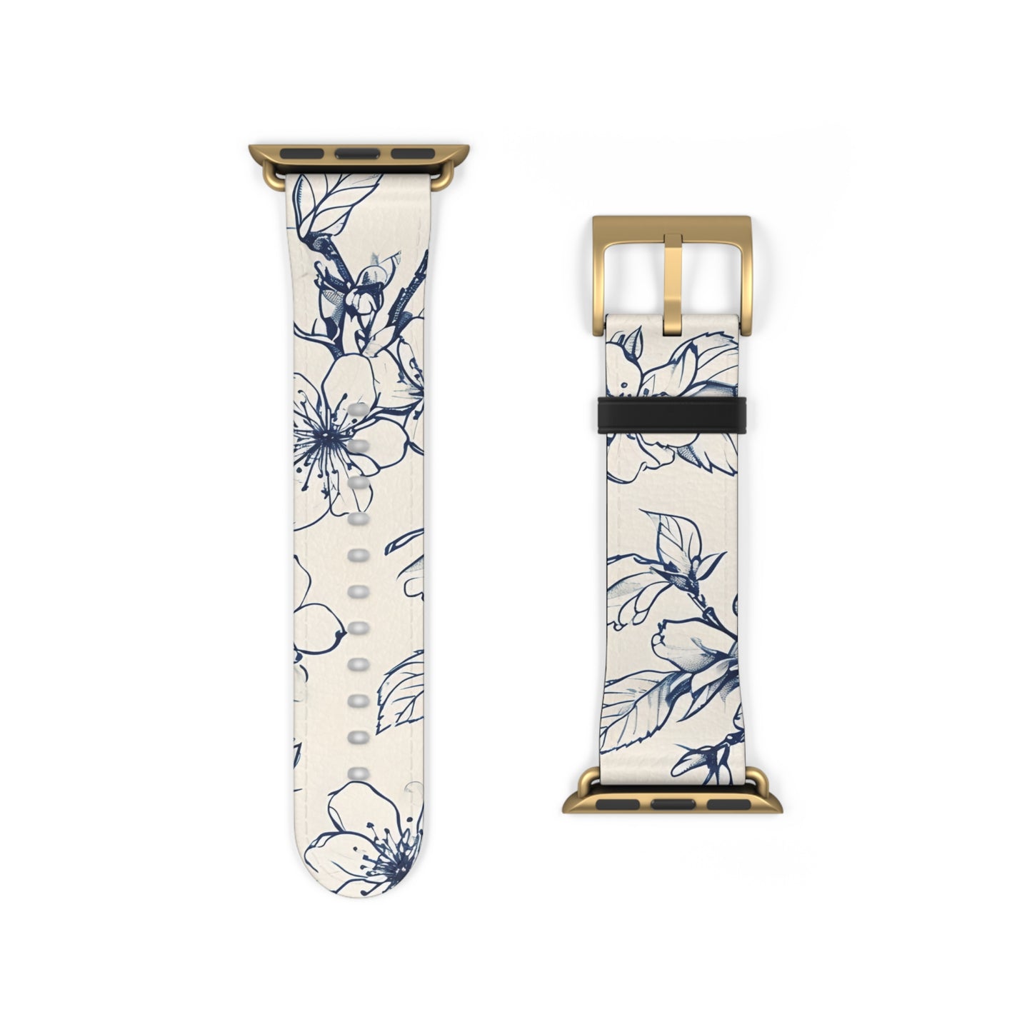 Blossom Sketch Apple Watch band strap with gold clasp featuring elegant blue botanical line drawing artwork