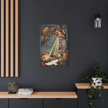 Enchanted Orchard wall art canvas displayed on a dark accent wall in a modern living room
