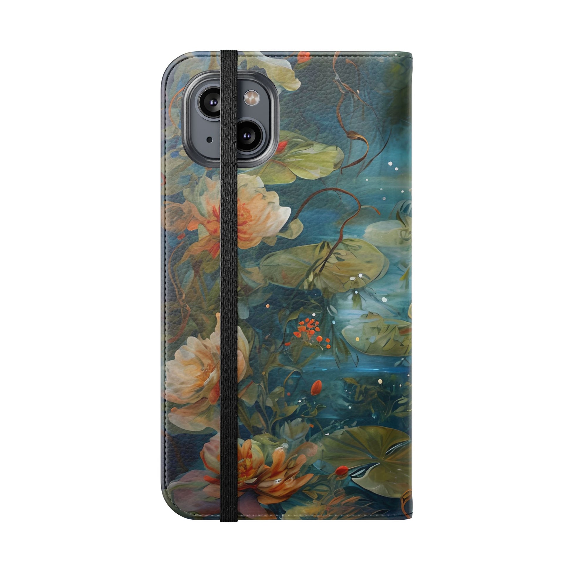 Waterlily Nocturne iPhone 14 Plus Wallet Case - Elegant Floral Flip Cover, Vintage Botanical Phone Folio