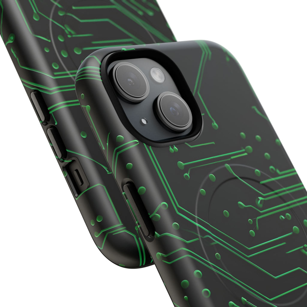 Green Circuit Grid iPhone 15 MagSafe Compatible case- Tech-Inspired Shockproof Cover