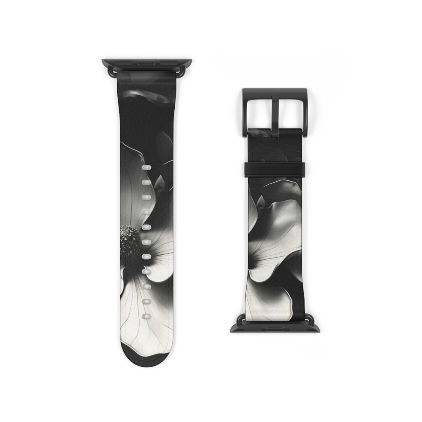 Monochrome Magnolia Apple Watch band strap with black clasp displaying bold black and white magnolia floral pattern
