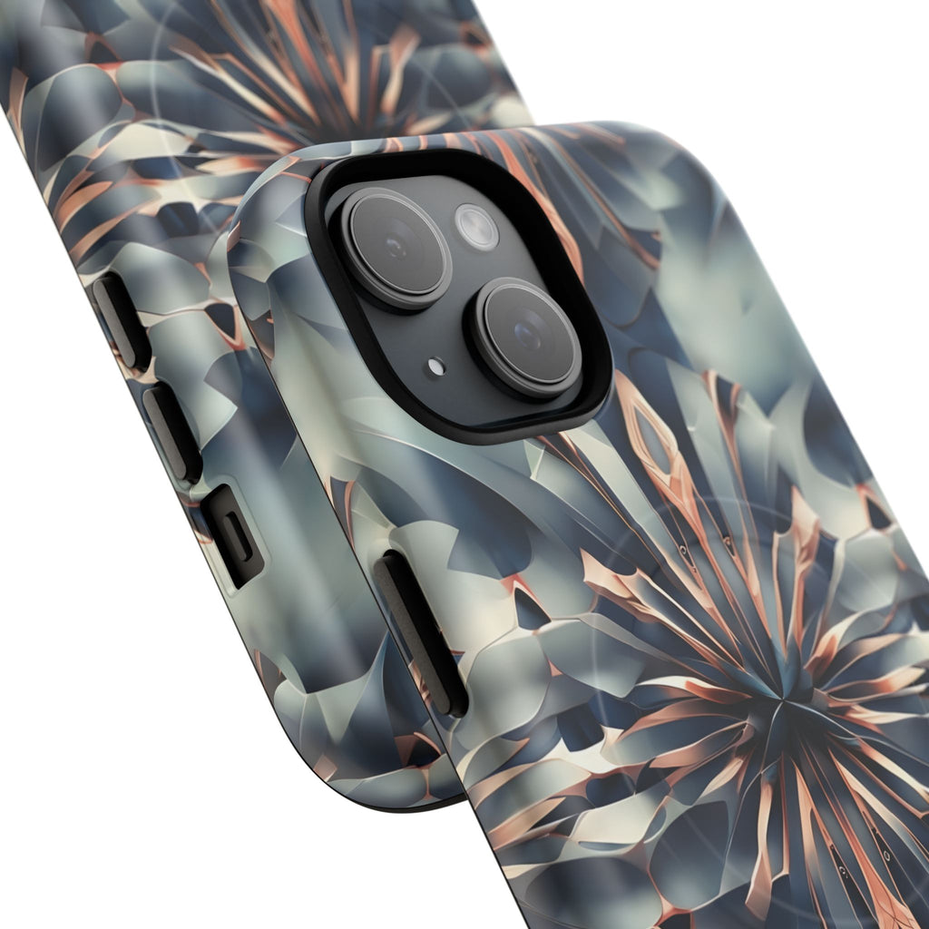 Obsidian Kaleidoscope Artistic Floral Burst - iPhone 15 MagSafe Phone Case -Blue, Peach and Silver Symmetrical Design